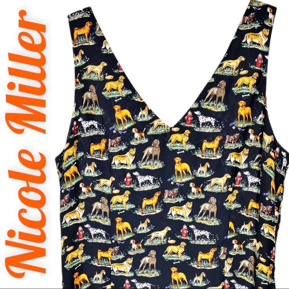 Nicole Miller Vintage 100% Silk Dog Print Shift Dress, 8 - Picture 2 of 5
